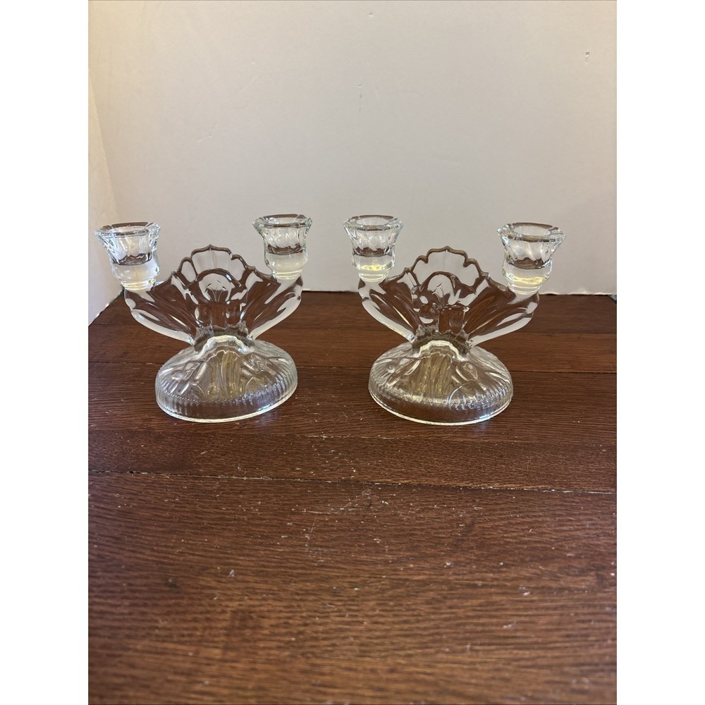 Jeanette Glass Iris and Herringbone Set of 2 Double Candlestick Holders Vintage